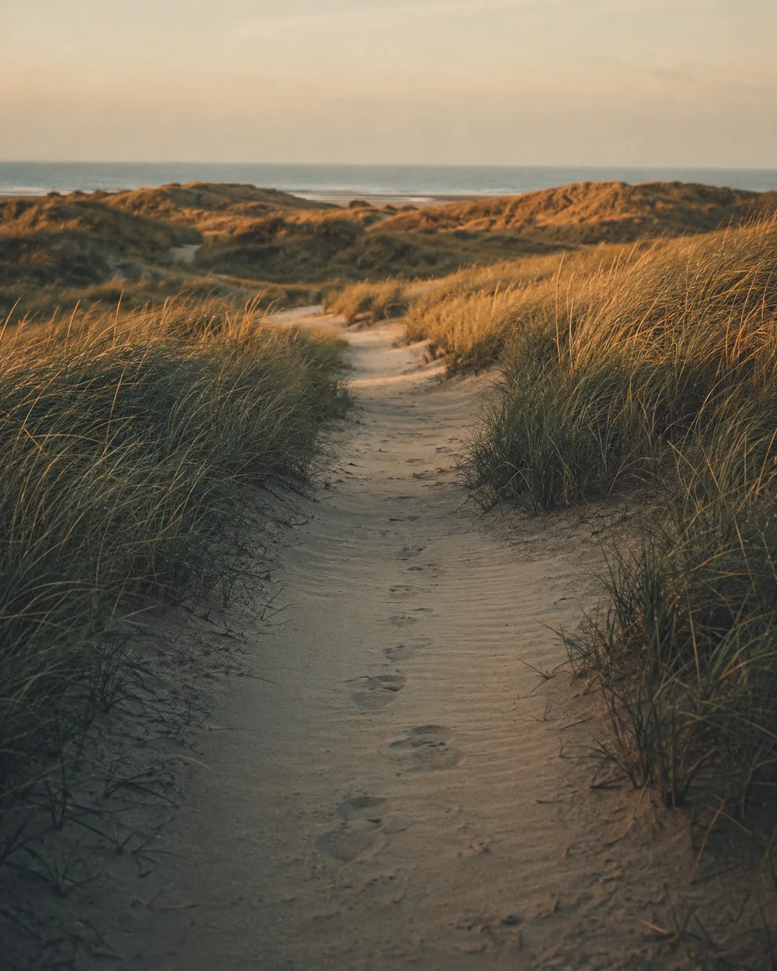 Een duinpad in zacht avondlicht richting de Noordzee &mdash; verse voetstappen verdwijnen in de bocht, marram-grassen aan weerszijden.
