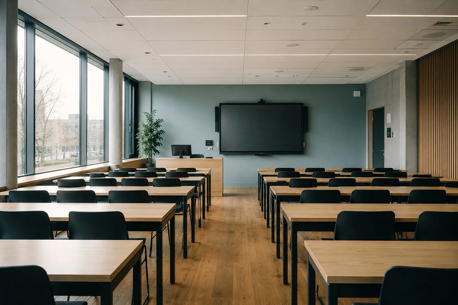 Een lege Nederlandse collegezaal met houten klapstoelen, een schoolbord vooraan en hoge ramen aan de zijkant.