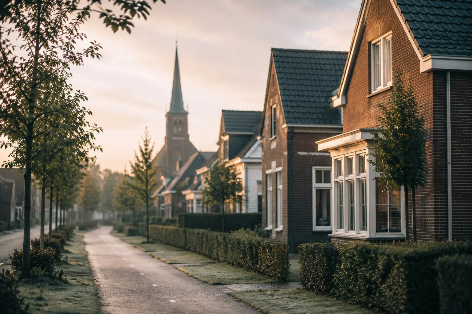 Een rustig Brabants dorpsstraatje bij ochtendmist, met een kerktoren op de achtergrond.