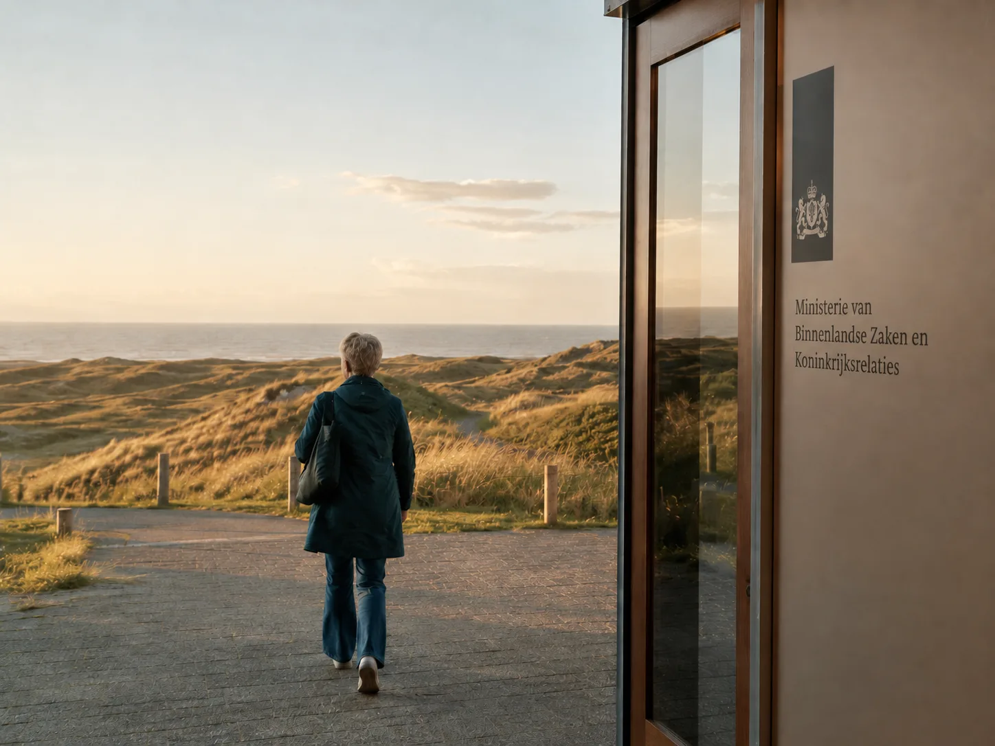 Een figuur loopt vanaf de uitgang van het Ministerie van Binnenlandse Zaken in Den Haag richting de duinen bij gouden uur.